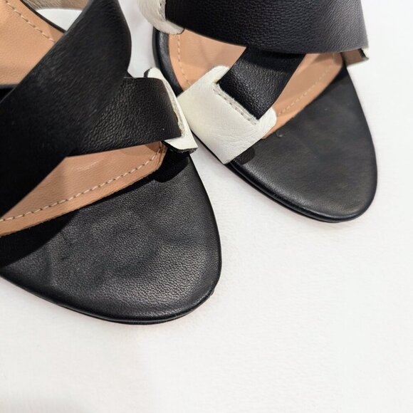 L'AGENCE Contrast Striped Heel Sandals 7.5 Black White Criss Cross Straps - Picture 5 of 12